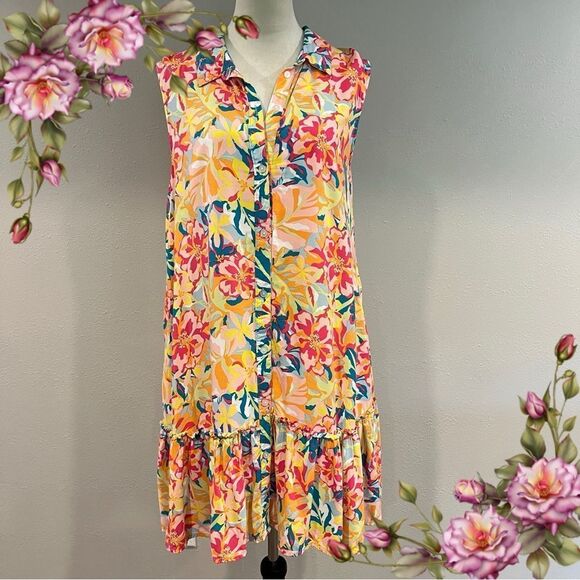 Floral Sleeveless button down tropical print Dress size large - Picture 1 of 13